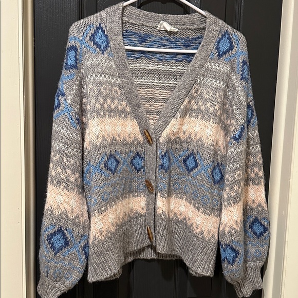Love Riche Sweaters - Love Riche, Gray and Blue Knit Oversized Cardigan, Medium